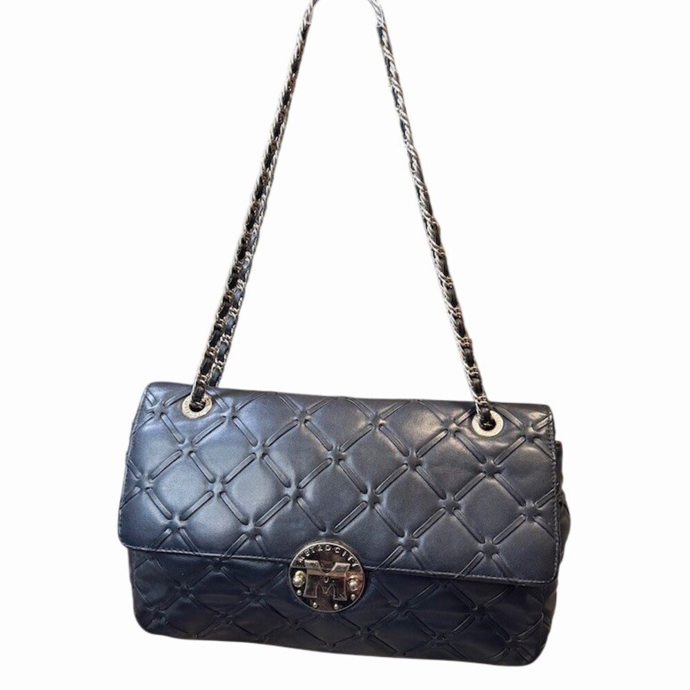 METROCITY Buona Shoulder Bag Black Leather  Quilted Flap Chain Strap Logo